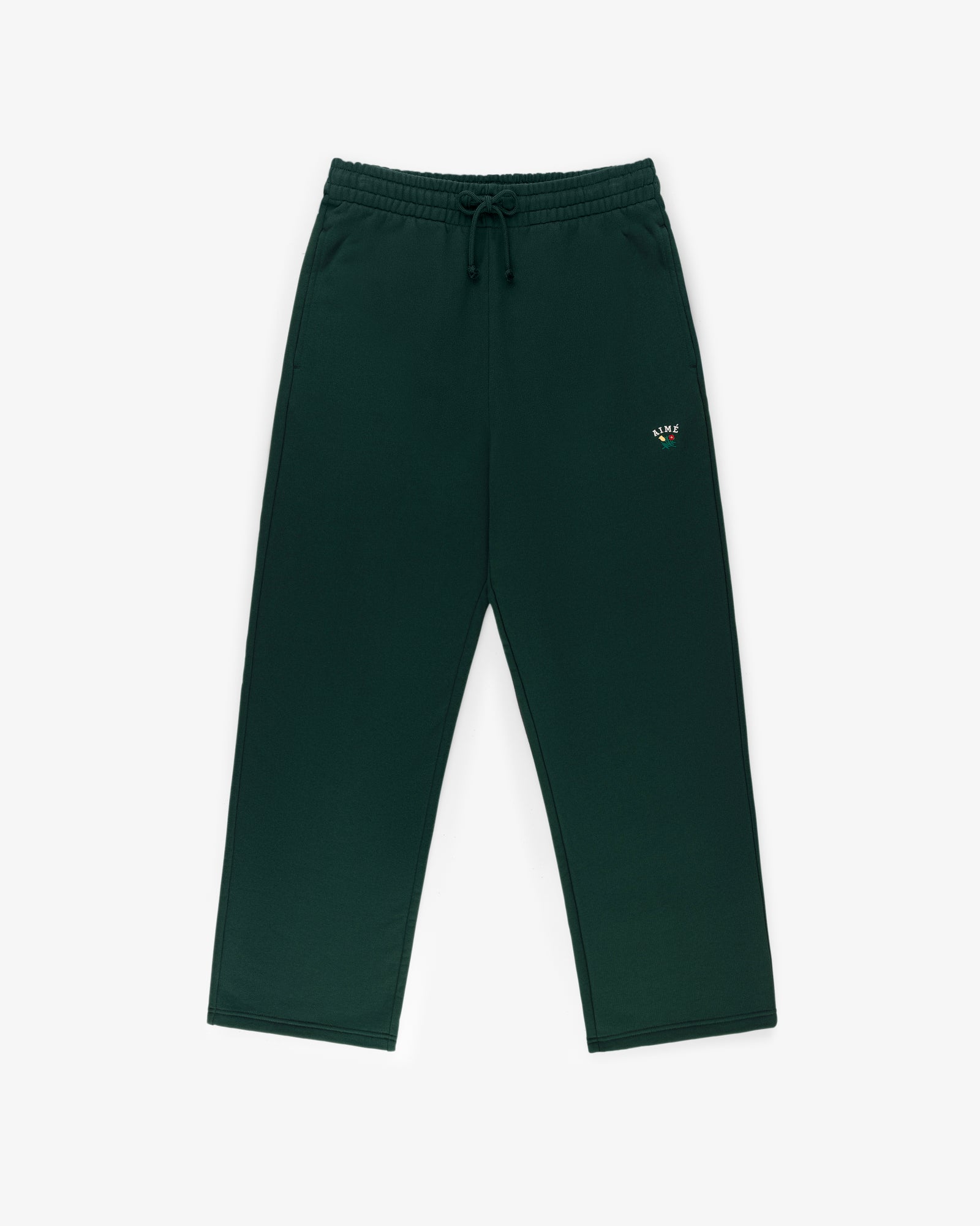 Crest Sweatpants: Dark green with elastic waistband, drawstring, side pockets, and small logo on the left thigh.