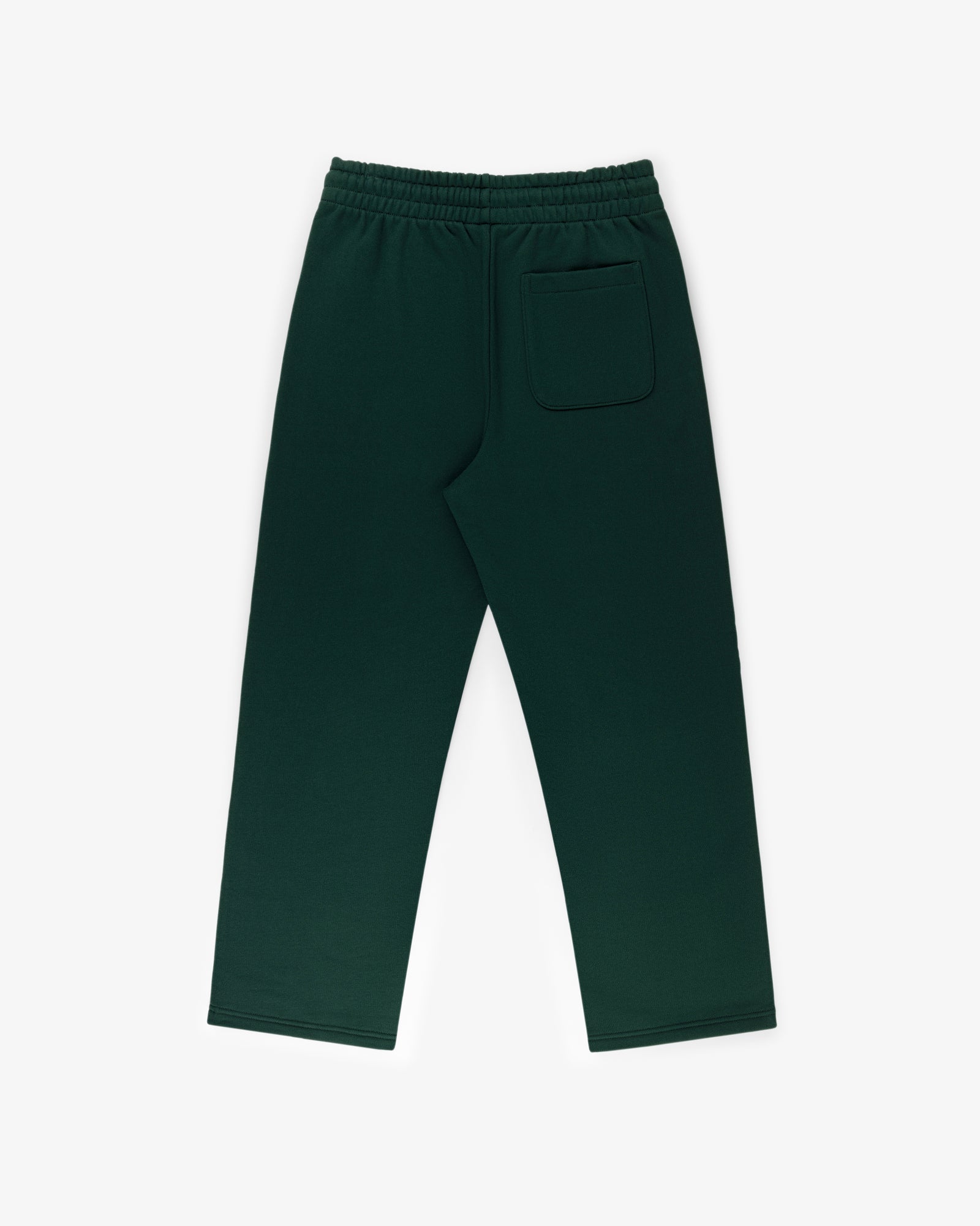 Crest Sweatpants in dark green with an elastic waistband and a single back pocket, shown on white background.
