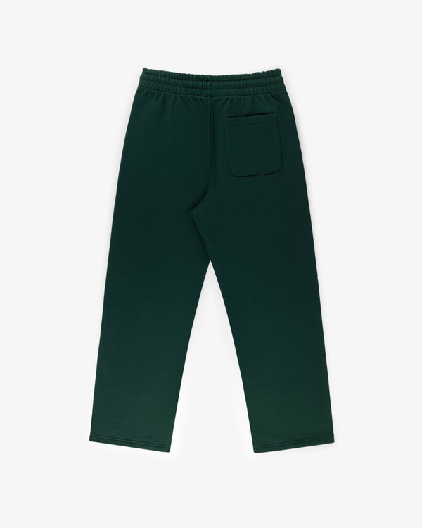 Crest Sweatpants in dark green with an elastic waistband and a single back pocket, shown on white background.