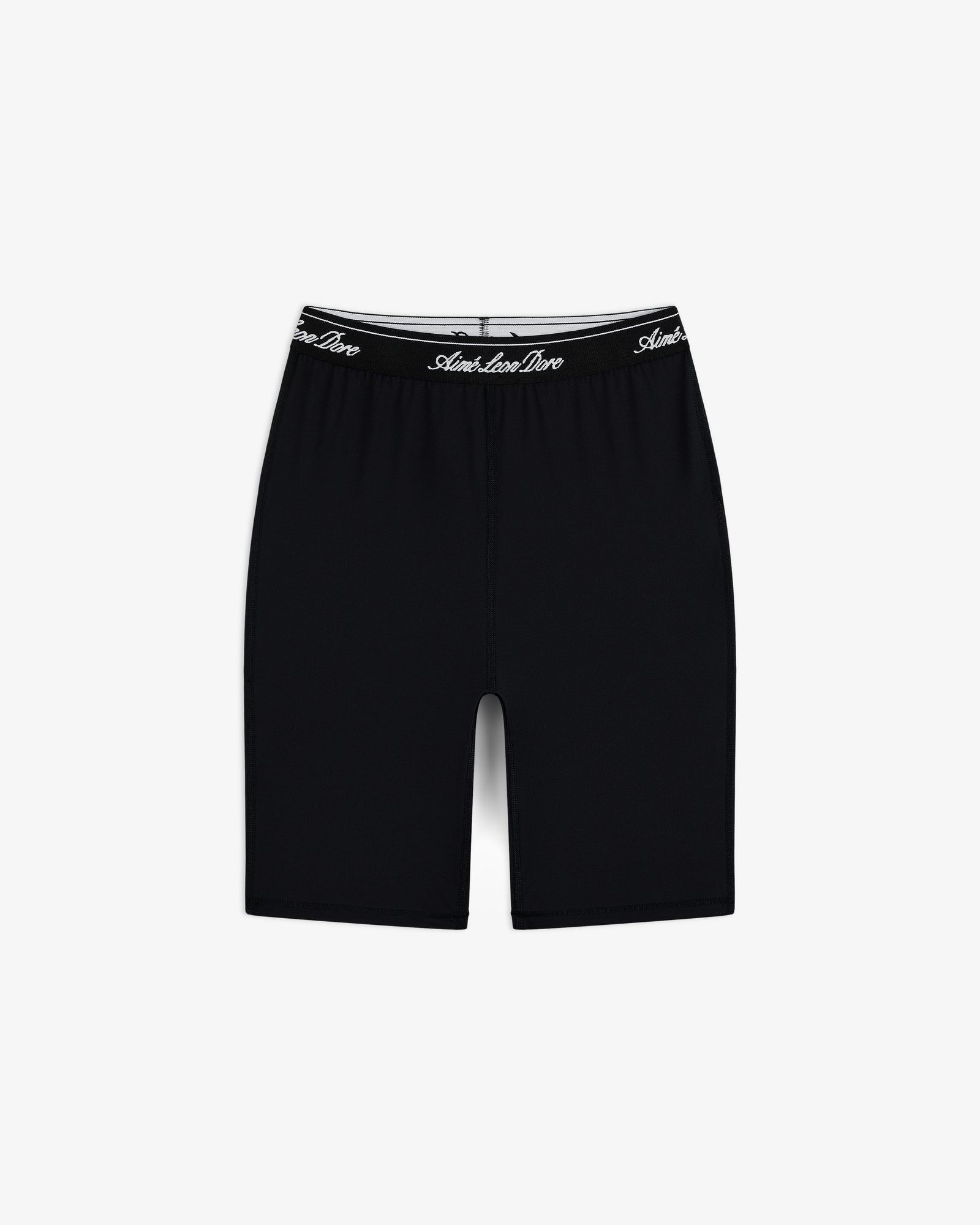 Logo Biker Short: Black, knee-length fitted shorts with a black elastic waistband and white script text.