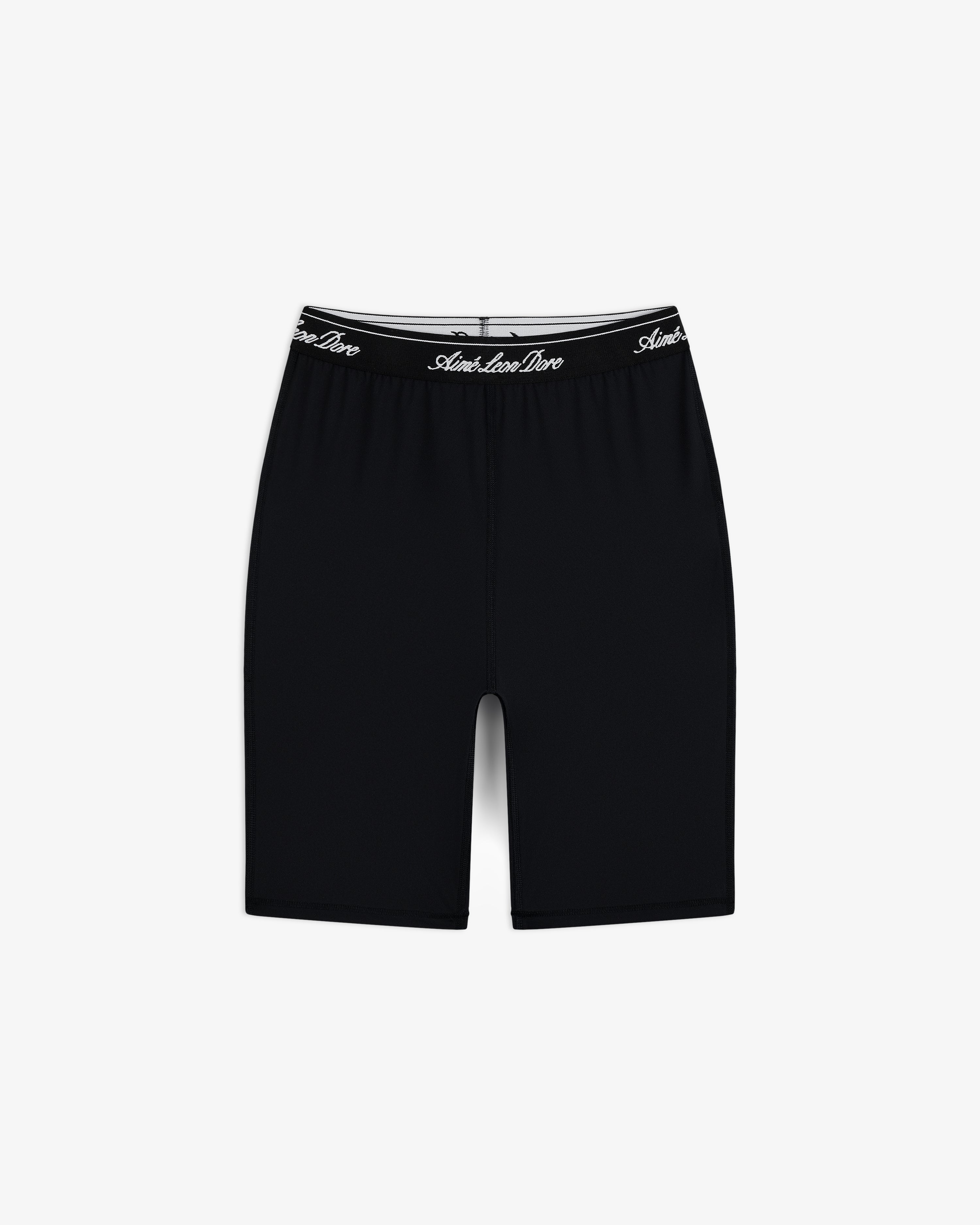 Logo Biker Short: Black, knee-length fitted shorts with a black elastic waistband and white script text.