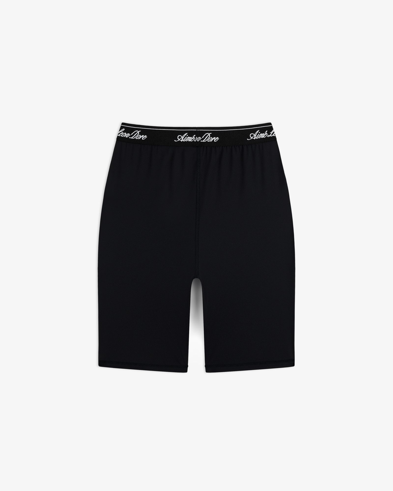 Logo Biker Short: fitted black biker shorts with a black elastic waistband featuring white script text.