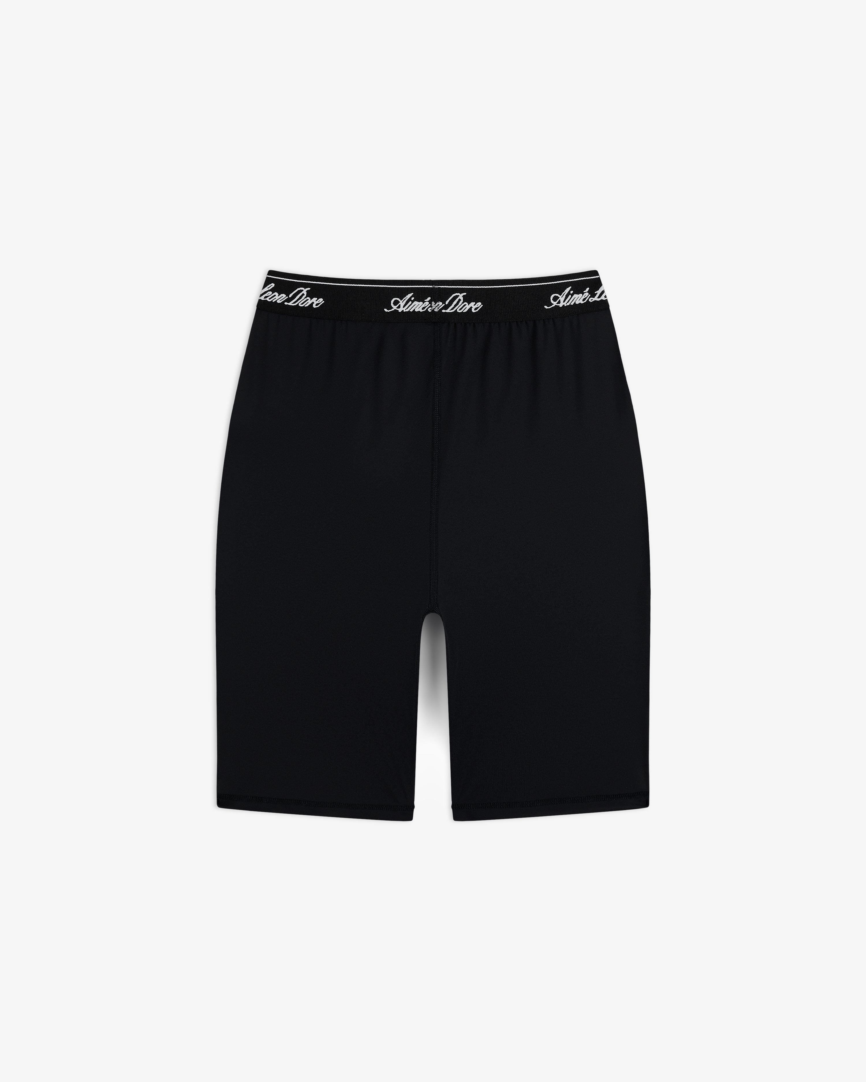 Logo Biker Short: fitted black biker shorts with a black elastic waistband featuring white script text.
