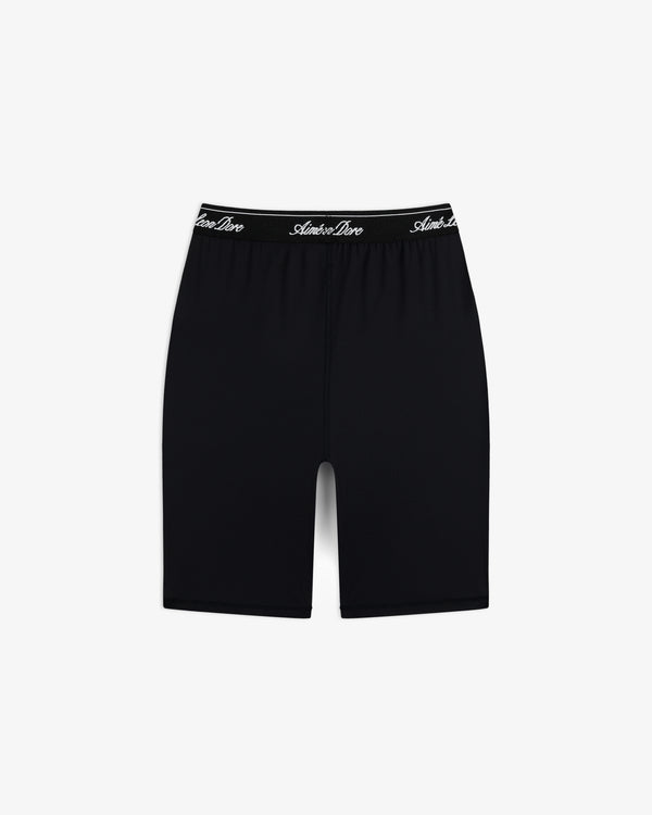 Logo Biker Short: fitted black biker shorts with a black elastic waistband featuring white script text.