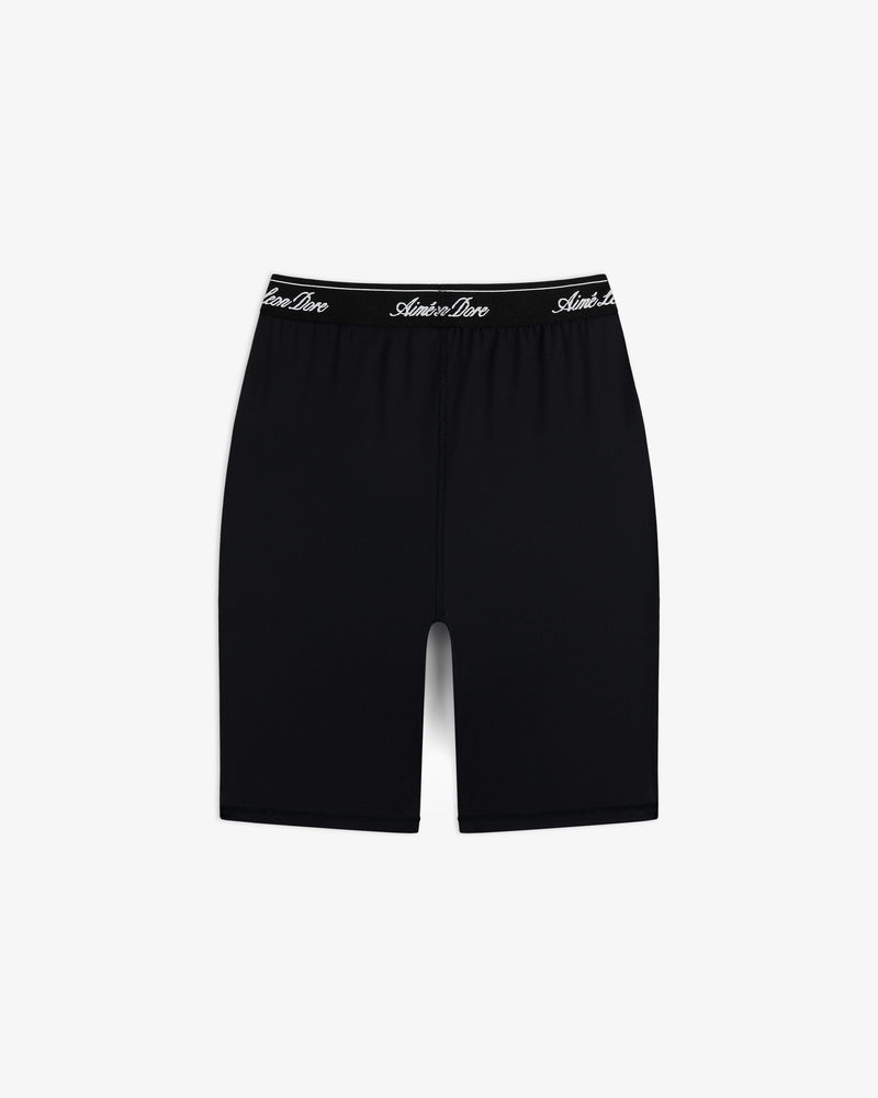Logo Biker Short: fitted black biker shorts with a black elastic waistband featuring white script text.