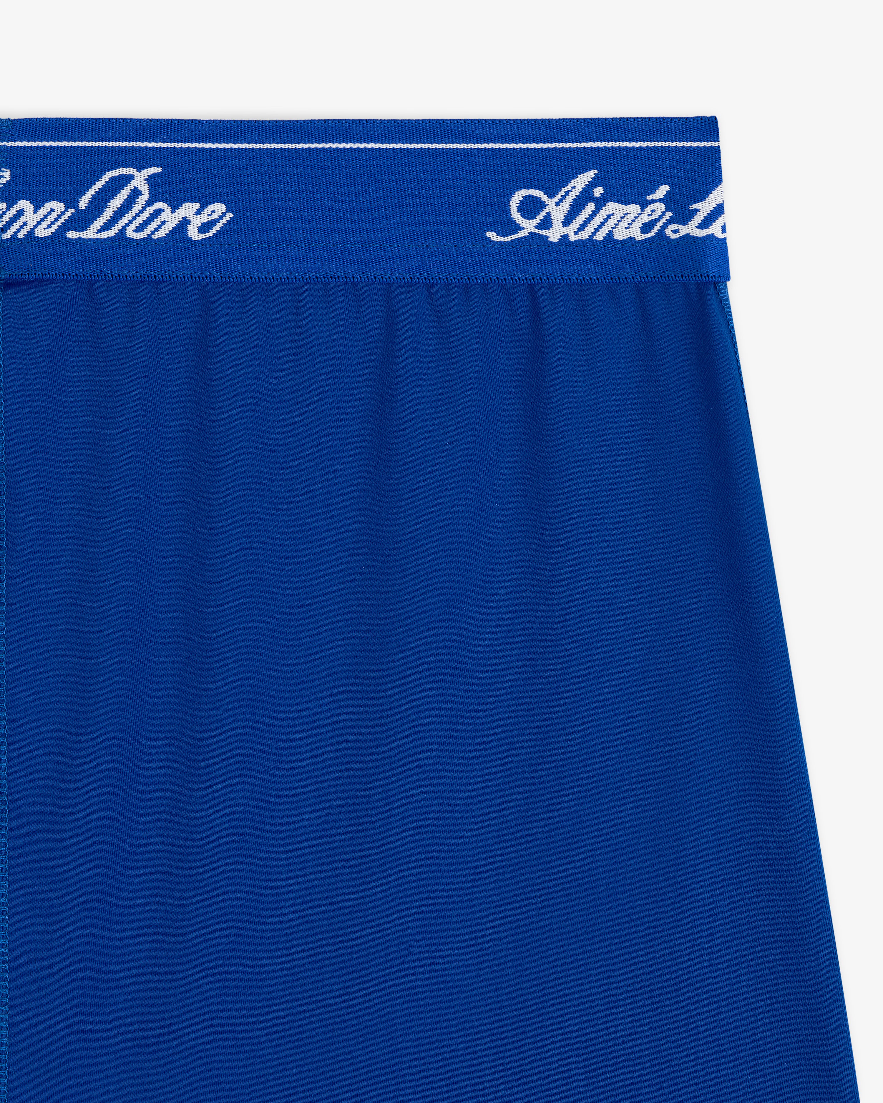 Close-up of Logo Biker Short in blue with a waistband featuring white script text.