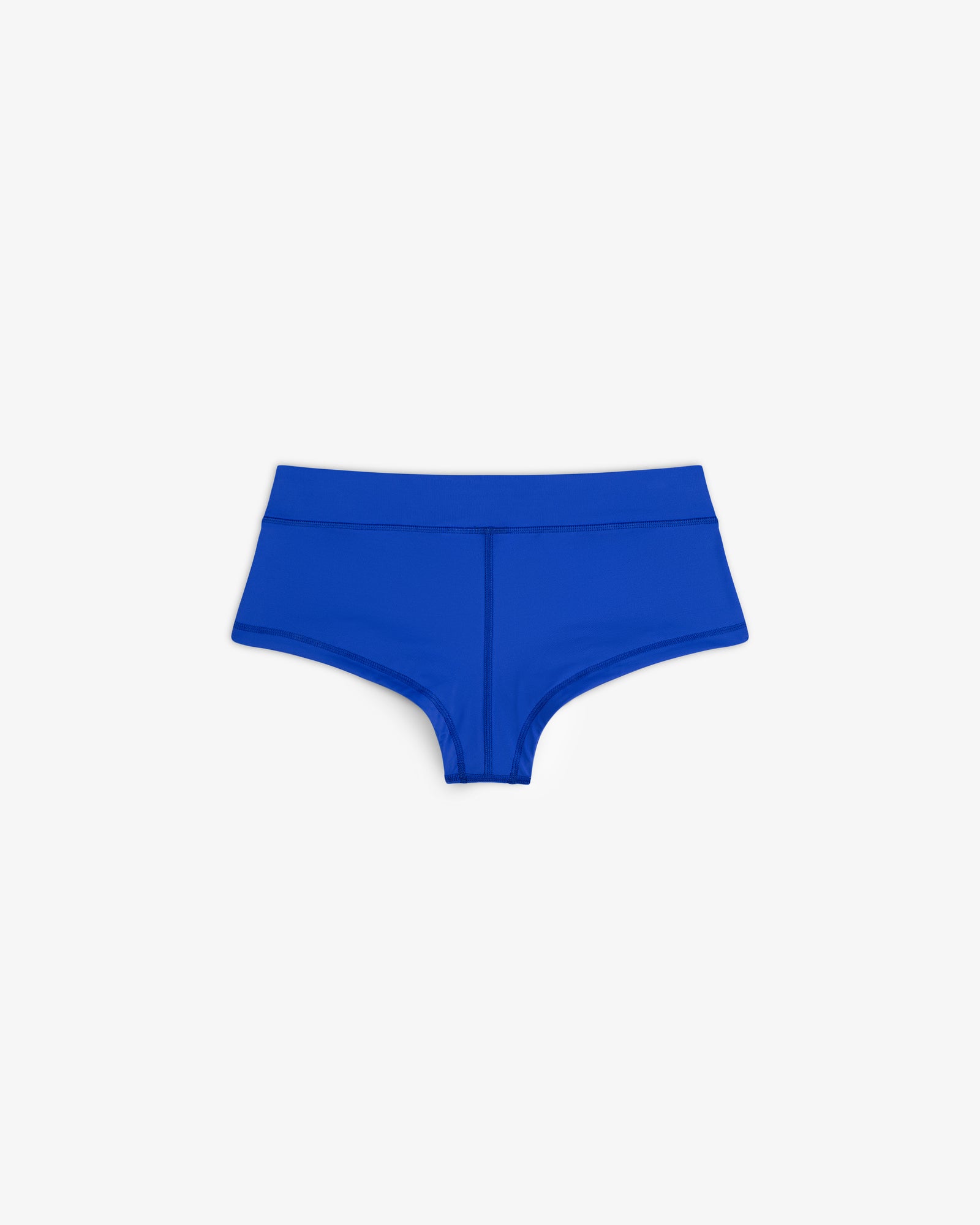 Bright blue Crest Swim Short, high-waisted women's bikini bottom laid flat on a white background.