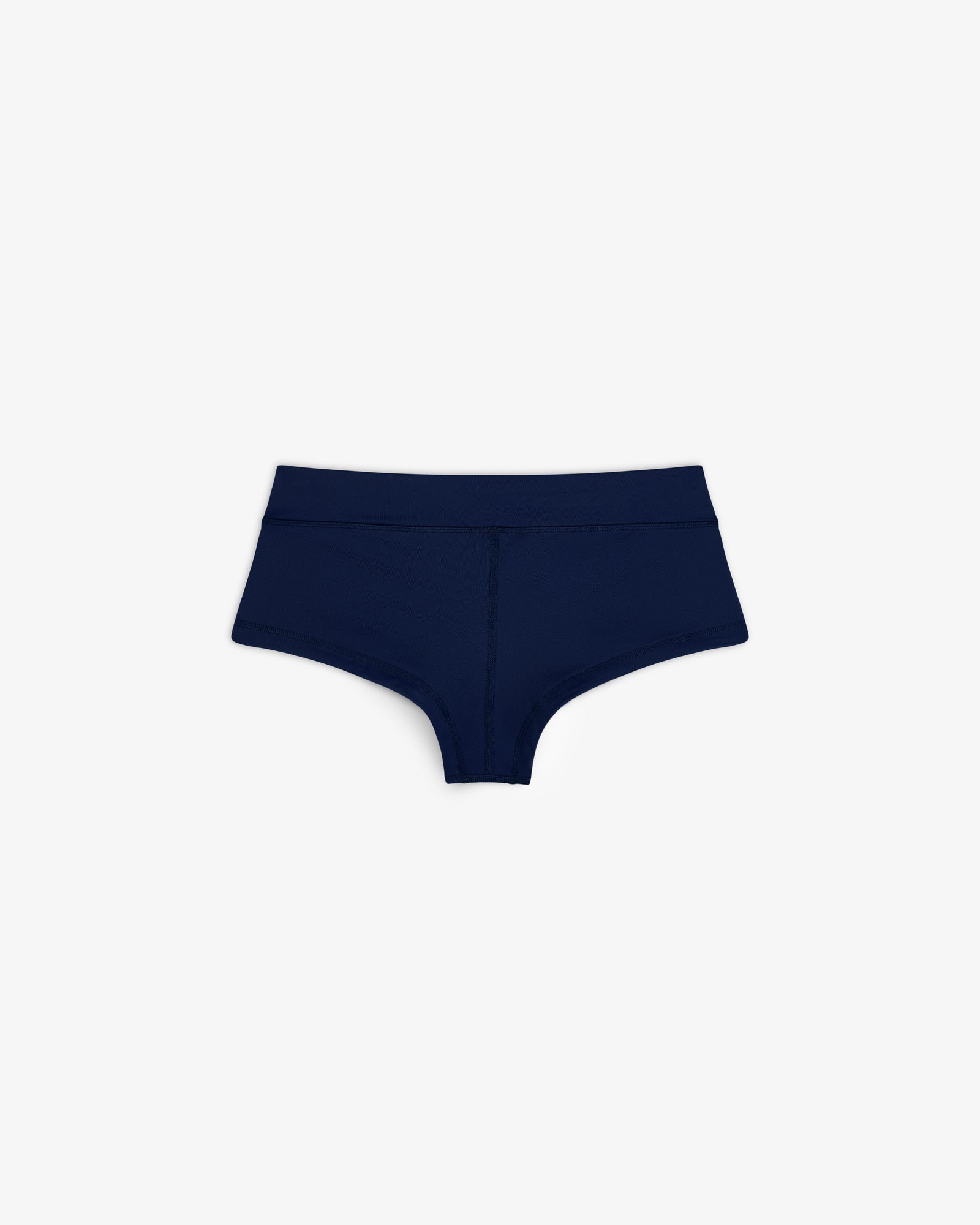 Navy blue Crest Swim Short high-waisted women's underwear laid flat on a white background.