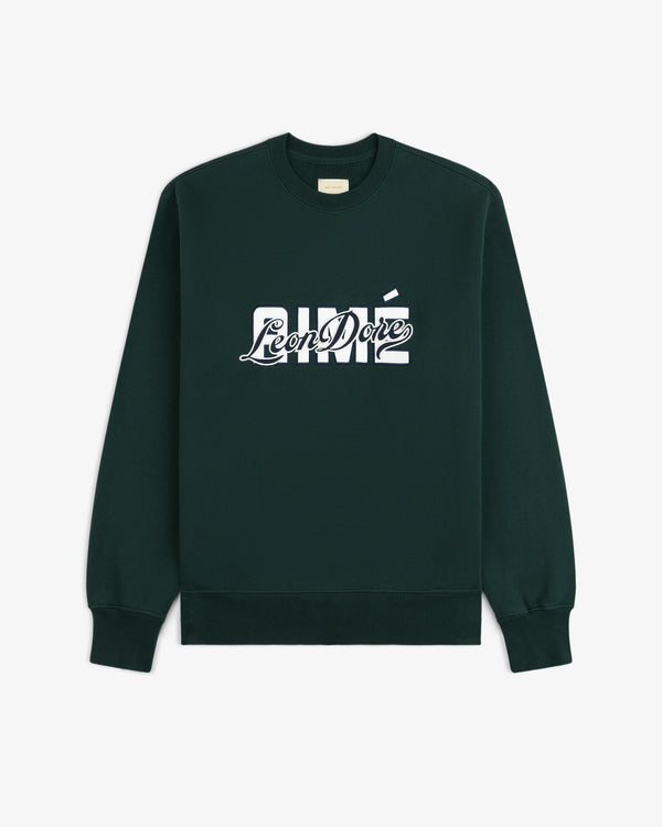 Dark green Overlay Logo Crewneck Sweatshirt with white Aimé Leon Dore logo, laid flat on a white background.