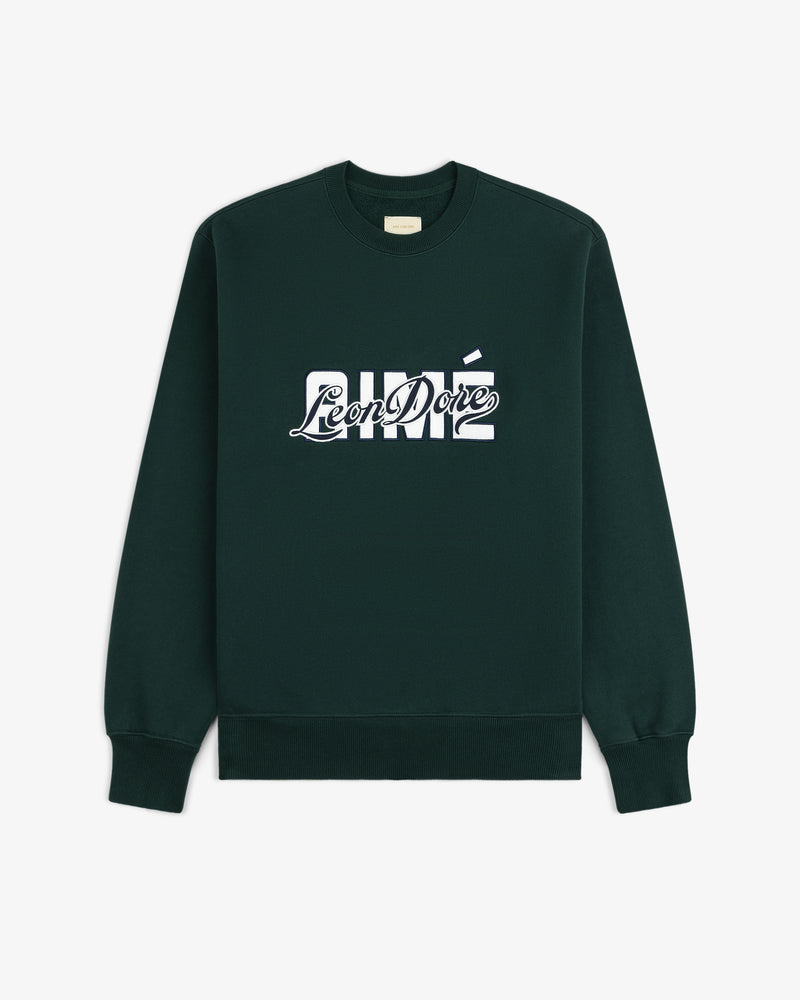 Dark green Overlay Logo Crewneck Sweatshirt with white Aimé Leon Dore logo, laid flat on a white background.