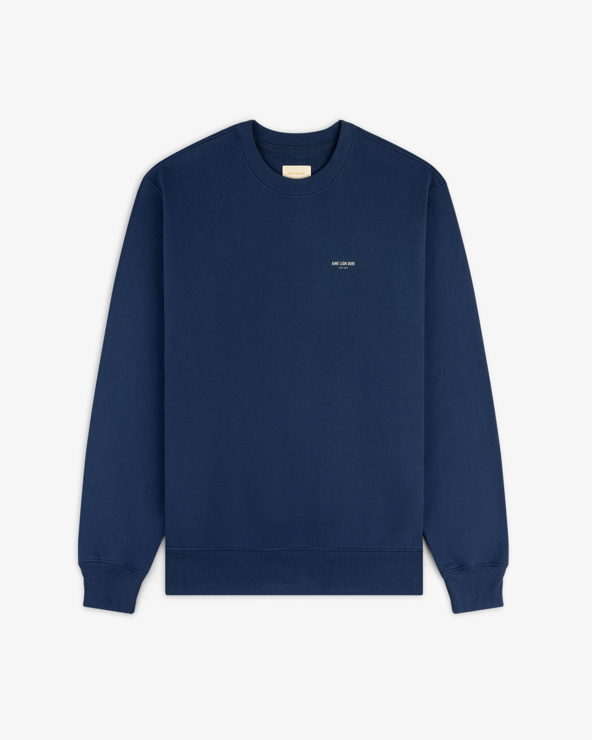 The Safari Crewneck Sweatshirt is a plain navy blue crewneck with small white text, shown laid flat on a white background.