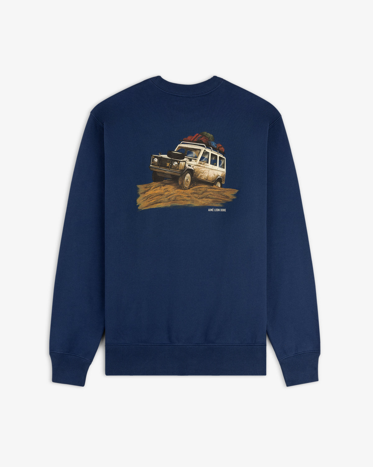 Safari Crewneck Sweatshirt featuring a graphic of an off-road vehicle with roof luggage driving on dirt.