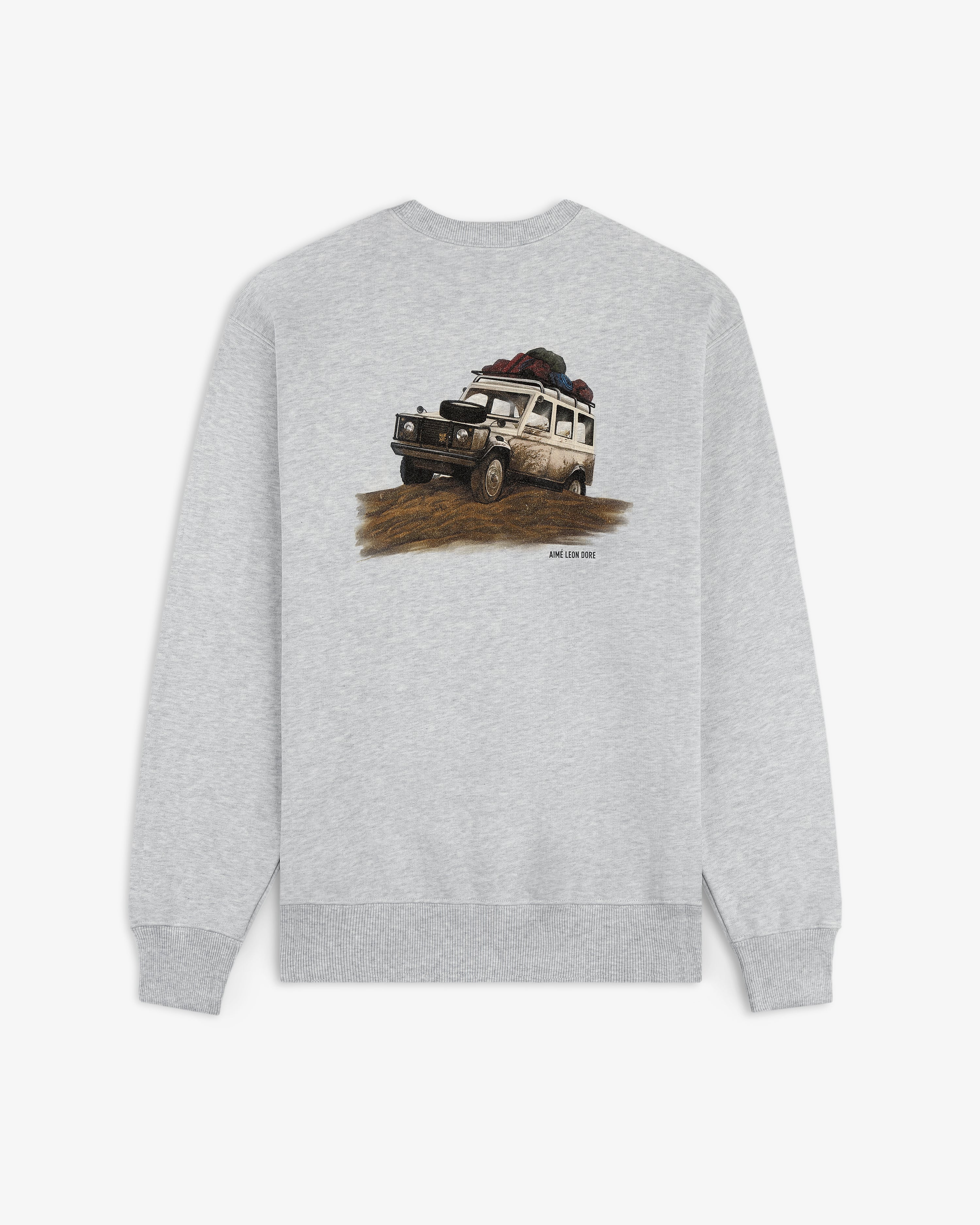 Safari Crewneck Sweatshirt featuring a white SUV with roof luggage driving on a dirt road, in gray.