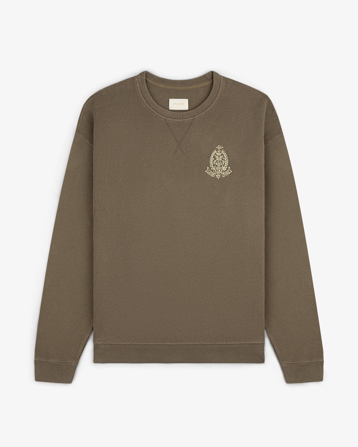 Saint George Piqué Crewneck Sweatshirt, brown, long sleeves, small embroidered crest on left chest.
