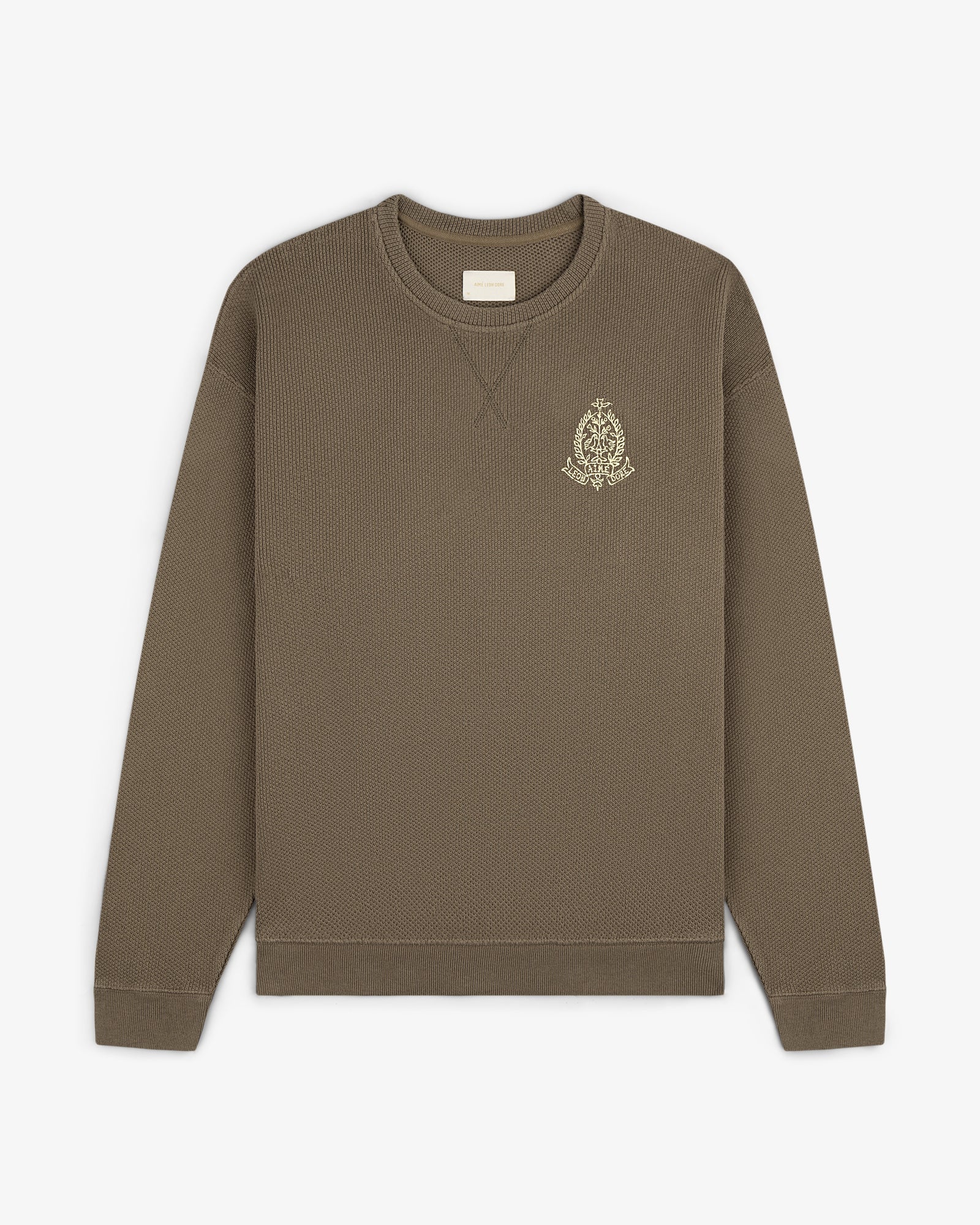 Saint George Piqué Crewneck Sweatshirt, brown, long sleeves, small embroidered crest on left chest.