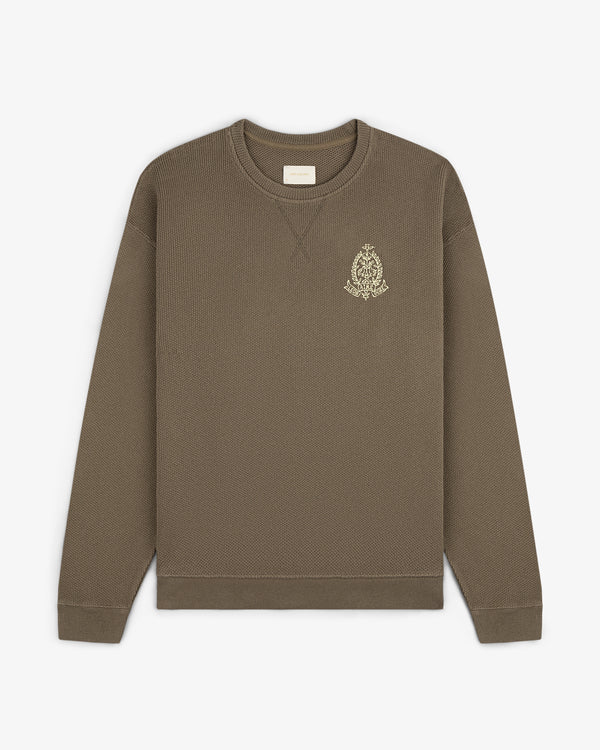 Saint George Piqué Crewneck Sweatshirt, brown, long sleeves, small embroidered crest on left chest.