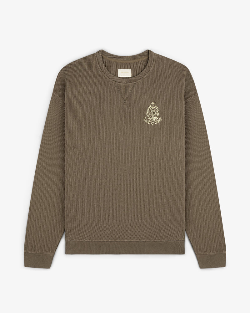 Saint George Piqué Crewneck Sweatshirt, brown, long sleeves, small embroidered crest on left chest.