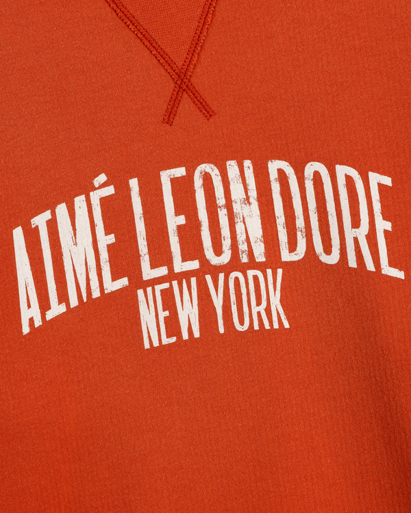 The Vintage Washed Crewneck Sweatshirt features red fabric and bold, arched white AIMÉ LEON DORE NEW YORK text.