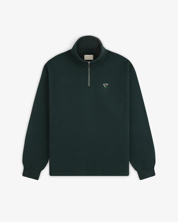 A dark green Crest Quarter Zip Pullover with a small left-chest logo, laid flat on a white background.