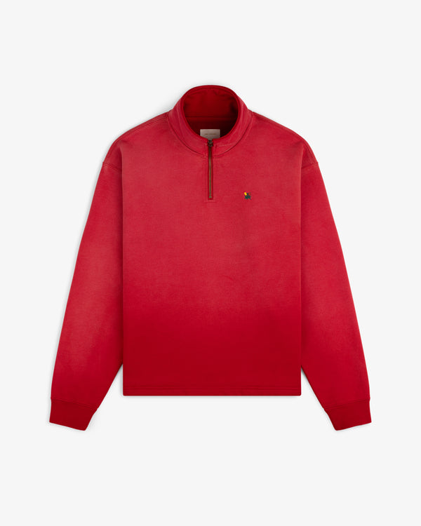 Sun Faded Crest Quarter Zip in red with a small embroidered logo on left chest, shown on a white background.