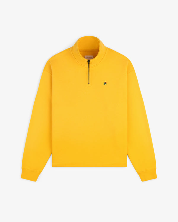 Sun Faded Crest Quarter Zip in bright yellow with a small left-chest logo, laid flat on a white background.