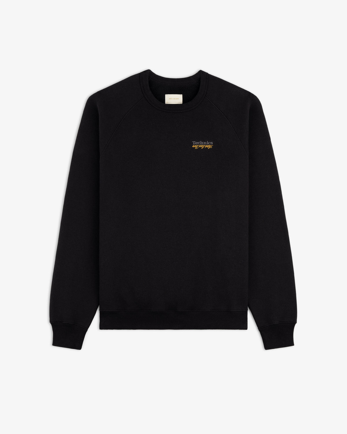 ALD / Technics World Champions Crewneck in black with small yellow chest text, shown on a white background.
