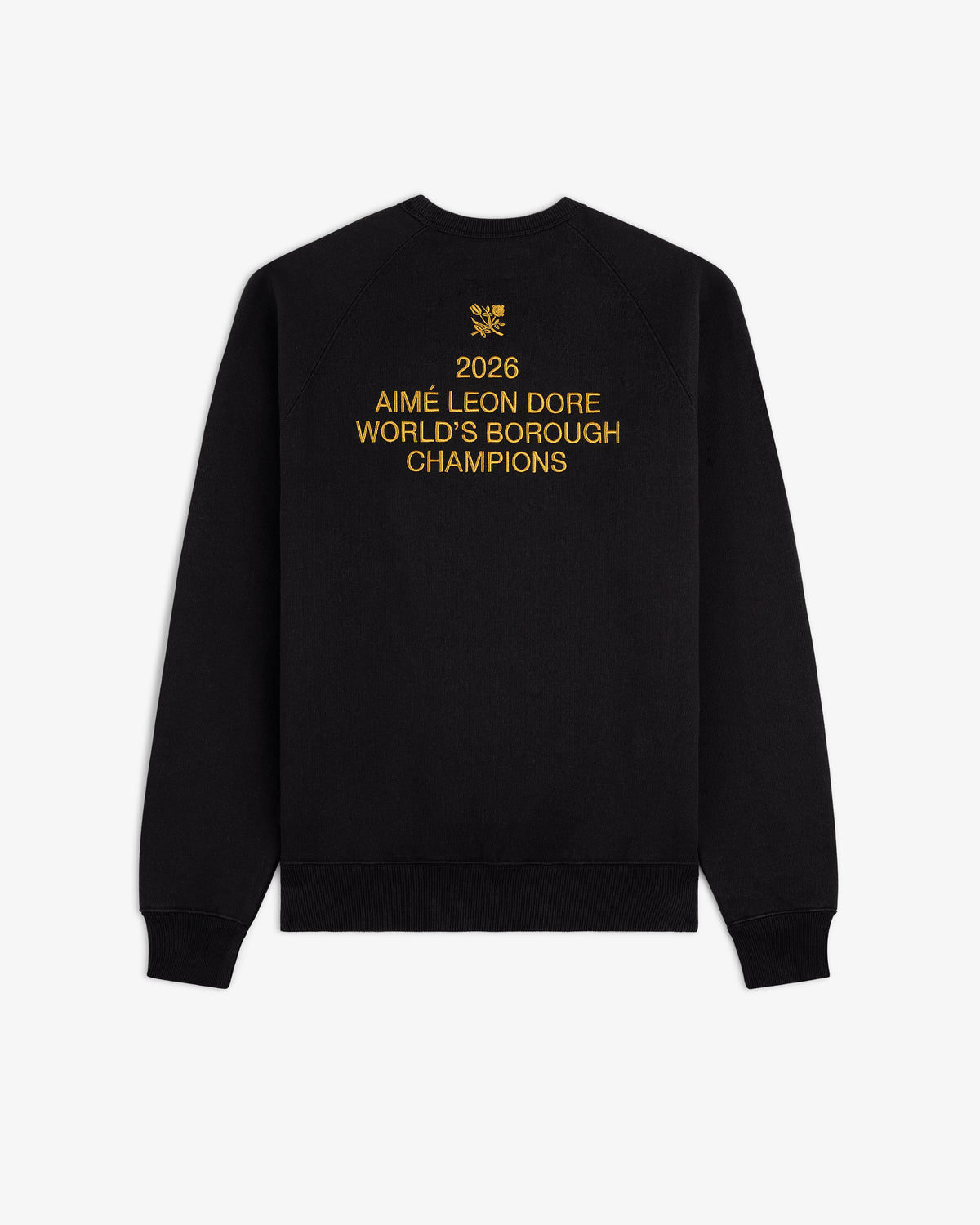 Black ALD / Technics World Champions Crewneck with gold 2026 text on back, shown on a white background.