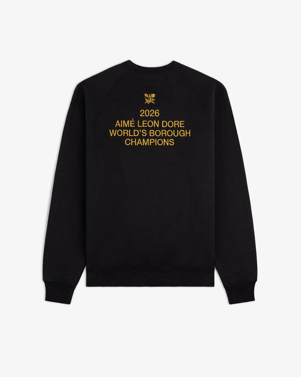 Black ALD / Technics World Champions Crewneck with gold 2026 text on back, shown on a white background.