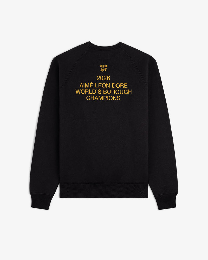 Black ALD / Technics World Champions Crewneck with gold 2026 text on back, shown on a white background.