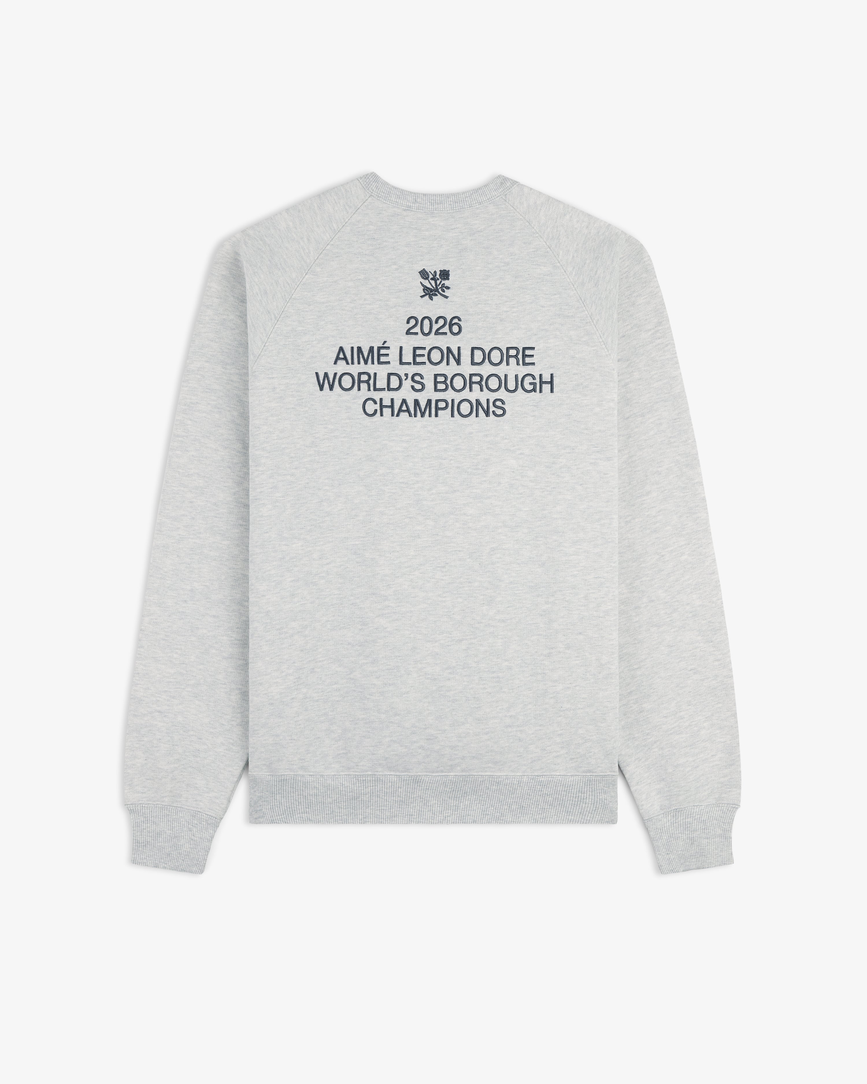 Light grey ALD / Technics World Champions Crewneck with "2026 Worlds Borough Champions" in navy blue on the back.