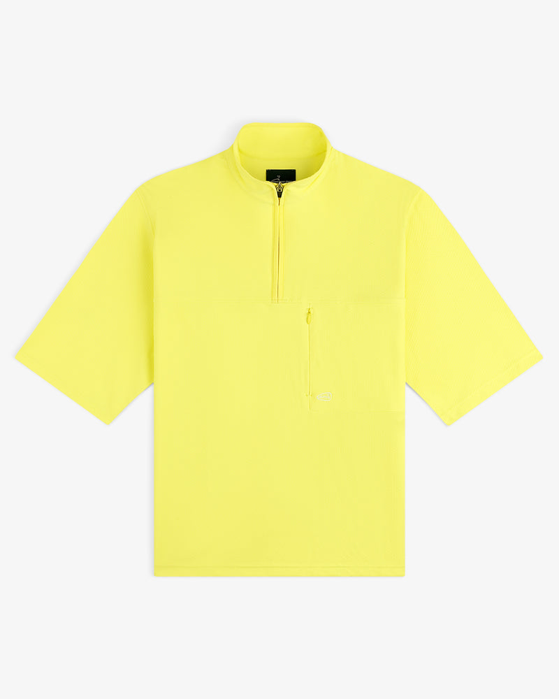 ALD Golf Quarter Zip Pullover in bright yellow, short sleeves, half-zip front, zip chest pocket, on white background.
