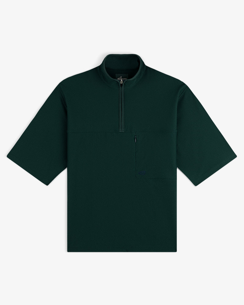 ALD Golf Quarter Zip Pullover in dark green, with short sleeves and chest zip pocket, shown flat on white background.