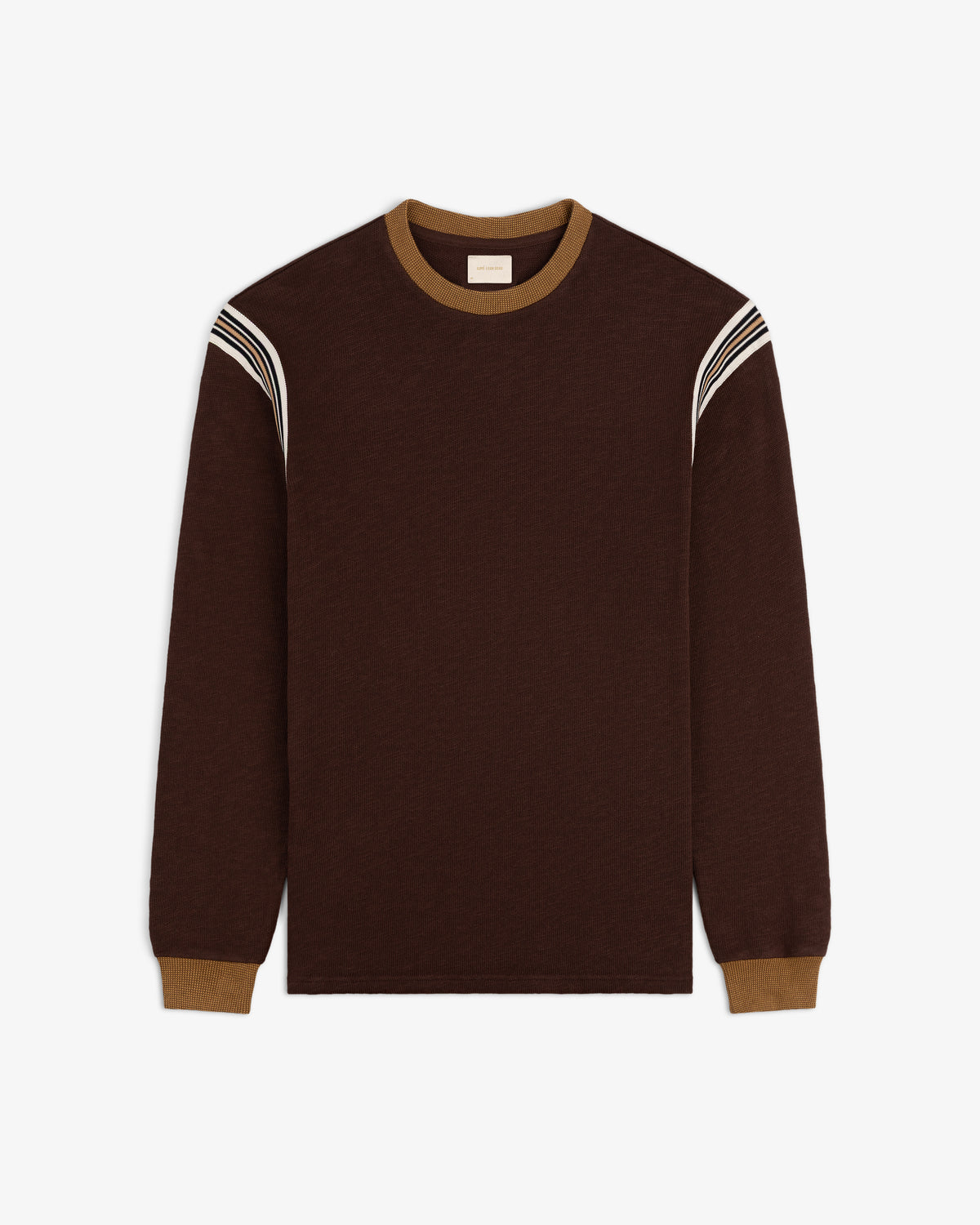 Long-Sleeve Slub Football Tee in dark brown with tan cuffs, collar, and white shoulder stripes.