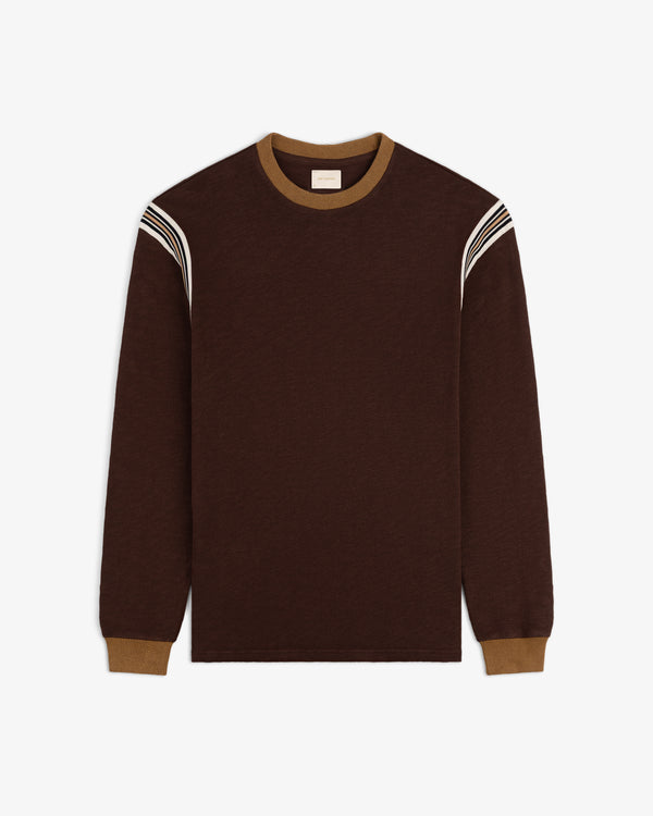 Long-Sleeve Slub Football Tee in dark brown with tan cuffs, collar, and white shoulder stripes.