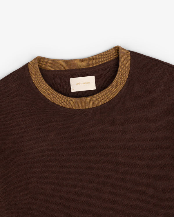 Long-Sleeve Slub Football Tee in brown with a tan ribbed collar, viewed from above on a white background.
