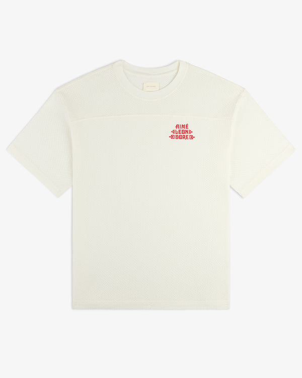 White short-sleeve mesh Pointelle Stacked Logo Tee with small red Alime Blend Board text on the left chest.