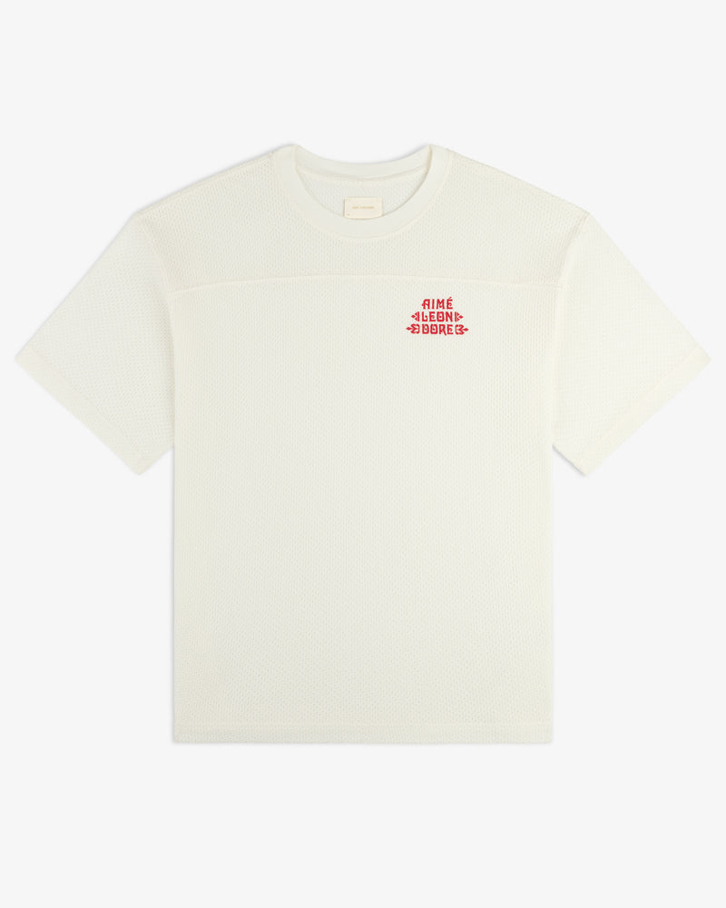 White short-sleeve mesh Pointelle Stacked Logo Tee with small red Alime Blend Board text on the left chest.