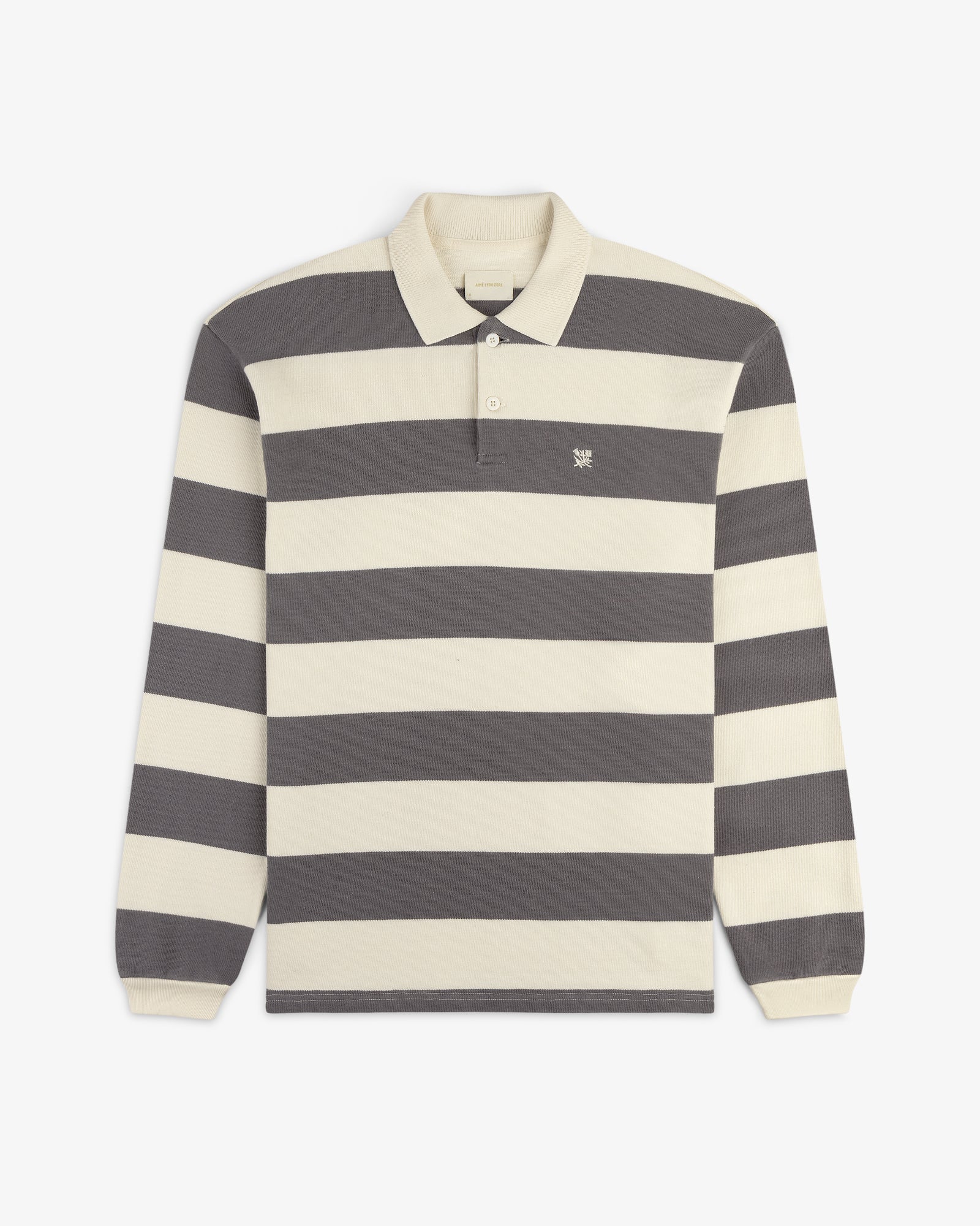 Striped Crest Rugby: long-sleeve shirt with wide cream and dark gray stripes and a classic collar.