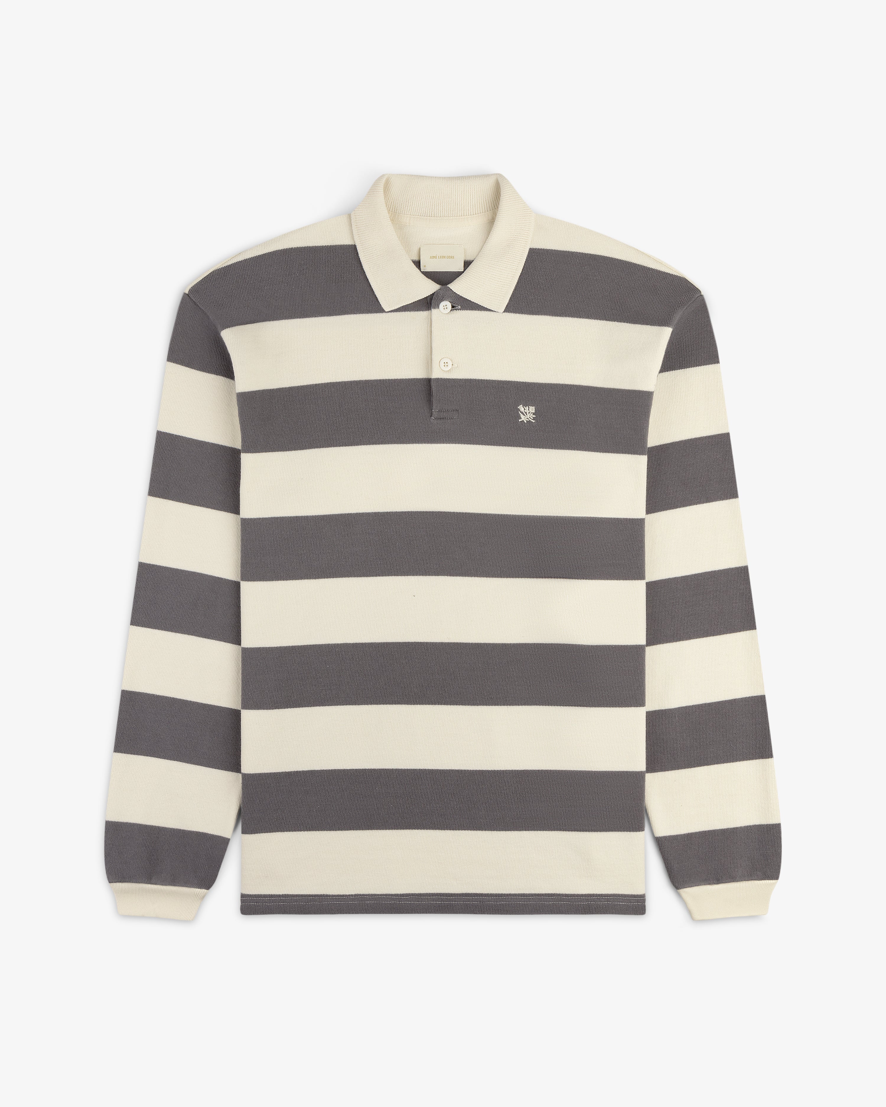 Striped Crest Rugby: long-sleeve shirt with wide cream and dark gray stripes and a classic collar.
