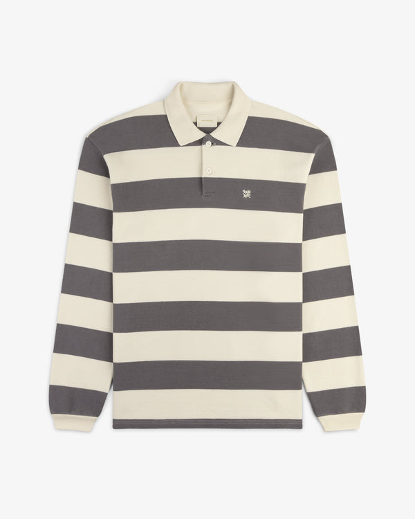 Striped Crest Rugby: long-sleeve shirt with wide cream and dark gray stripes and a classic collar.
