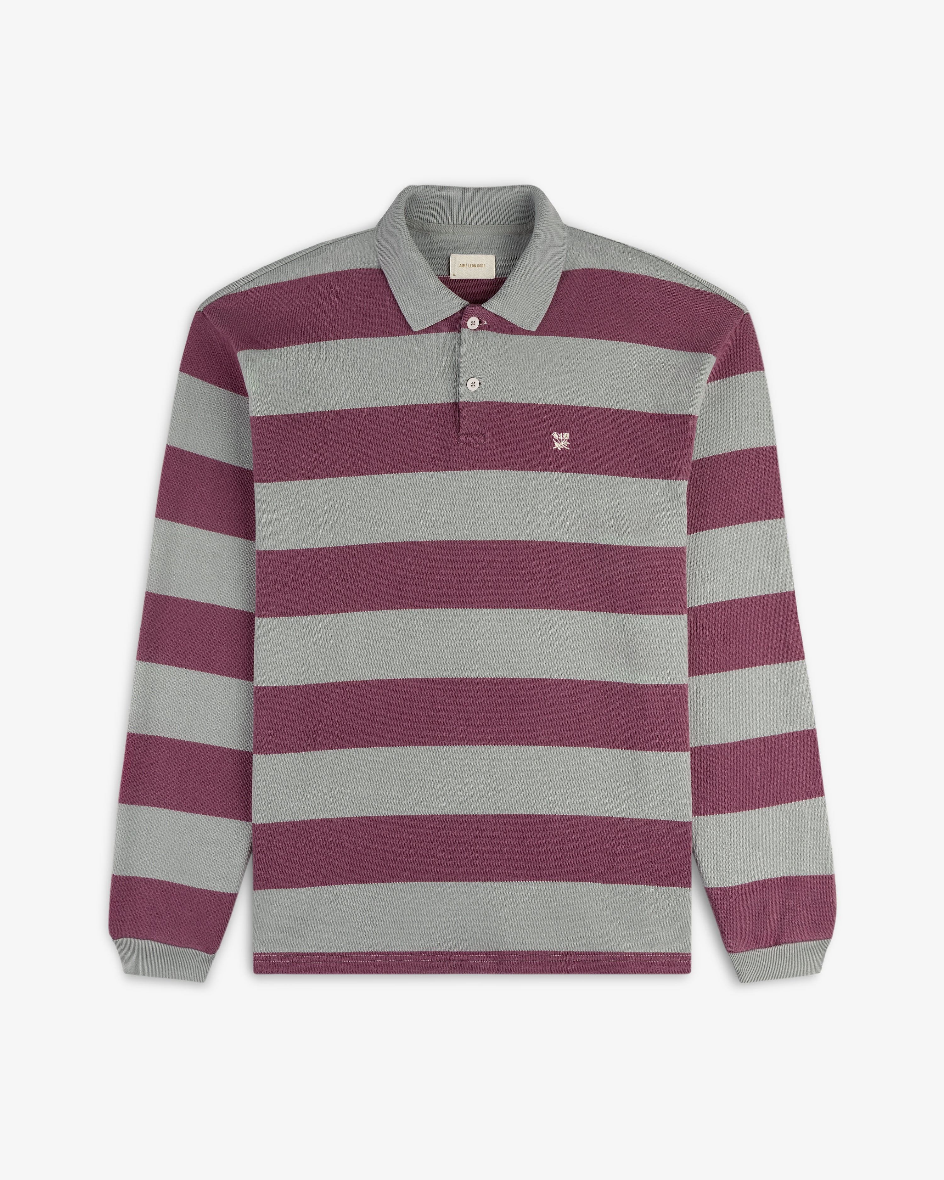 Striped Crest Rugby: long-sleeve shirt with wide maroon and gray stripes plus a white collar.