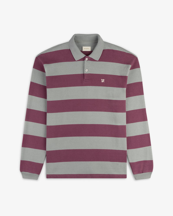 Striped Crest Rugby: long-sleeve shirt with wide maroon and gray stripes plus a white collar.