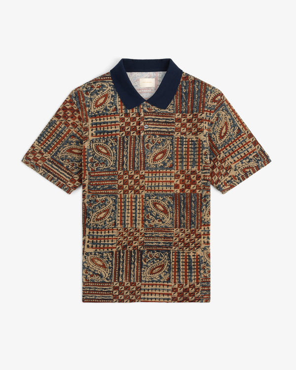 Paisley Printed Piqué Polo with short sleeves, colorful paisley and geometric pattern, and a solid dark collar.