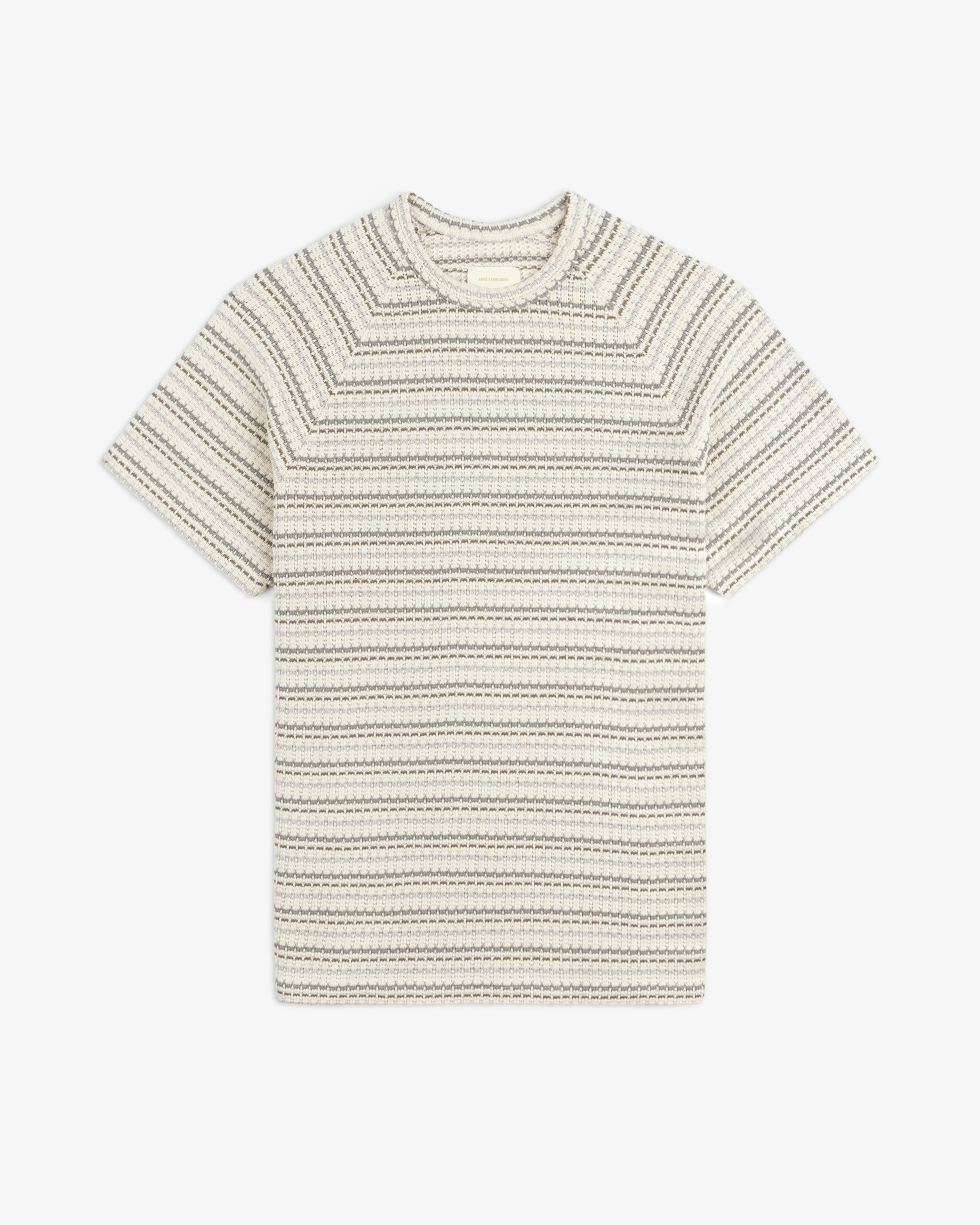 Jacquard Striped Tee: cream, short-sleeve with thin black and tan stripes and a textured knit pattern, laid flat.