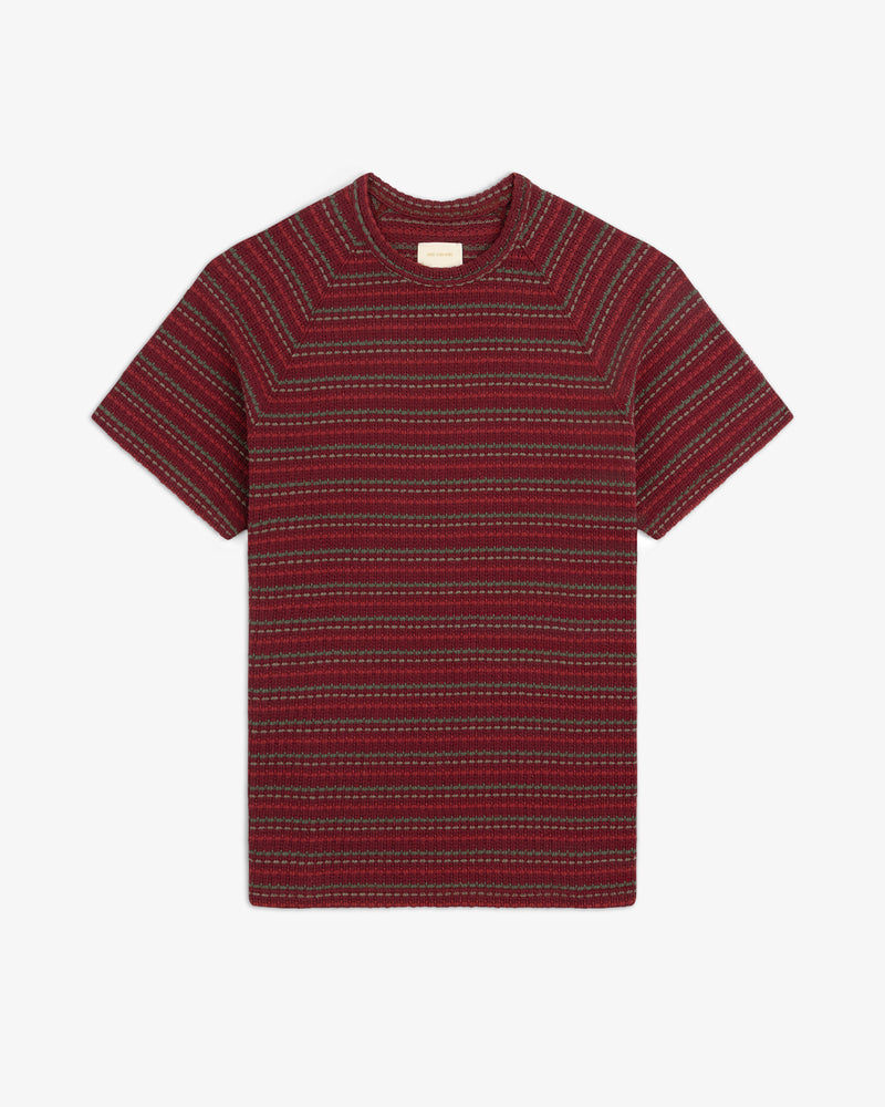 Jacquard Striped Tee in red with gray and black horizontal stripes, shown flat on a white background.