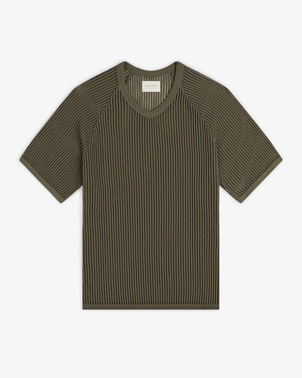 Olive green Mesh V-Neck Tee, ribbed and short-sleeve, laid flat on a white background.