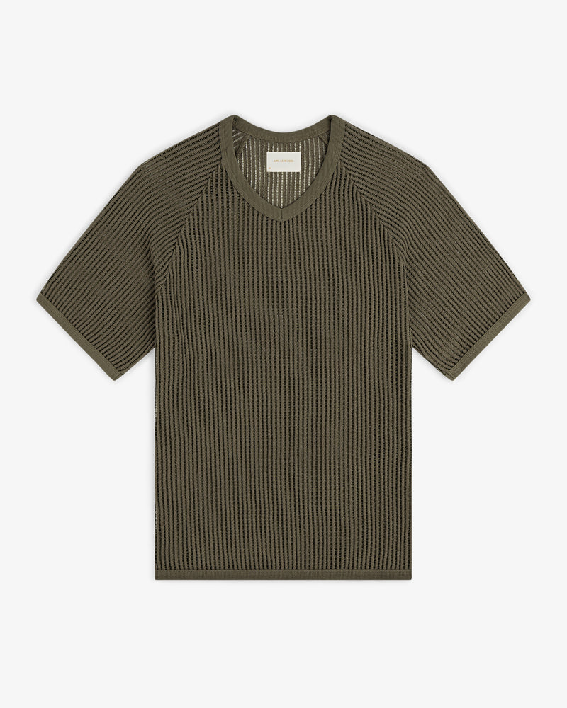 Olive green Mesh V-Neck Tee, ribbed and short-sleeve, laid flat on a white background.