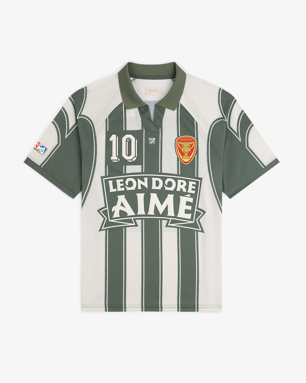 Aimé Cup Soccer Jersey: green/white stripes, number 10, LEON DORE AIME, and patches on chest and sleeve.