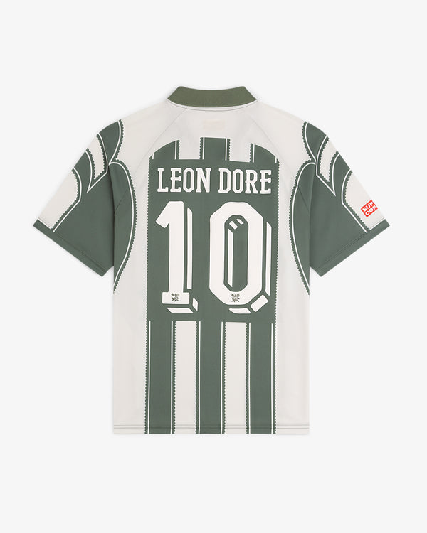 Back of an Aimé Cup Soccer Jersey in green and white stripes with LEON DORE and number 10 printed.