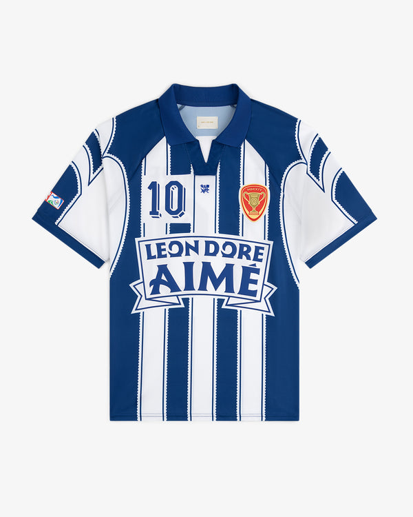 Aimé Cup Soccer Jersey: blue and white stripes, LEON DORE AIME text, red-yellow chest crest.